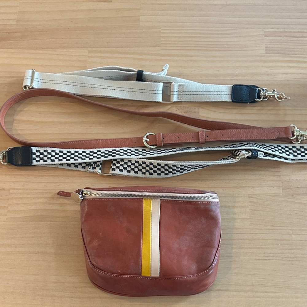Clare V Red-Brown Crossbody Bag with Yellow and Cream Stripe